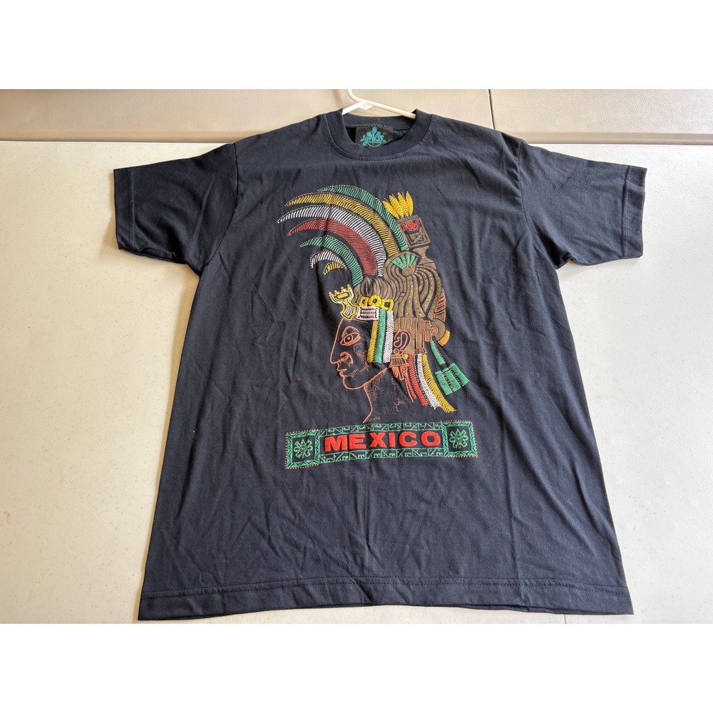 Vintage Mexico Aztec Warrior Graphic T Shirt Large Black Streetwear Tourist